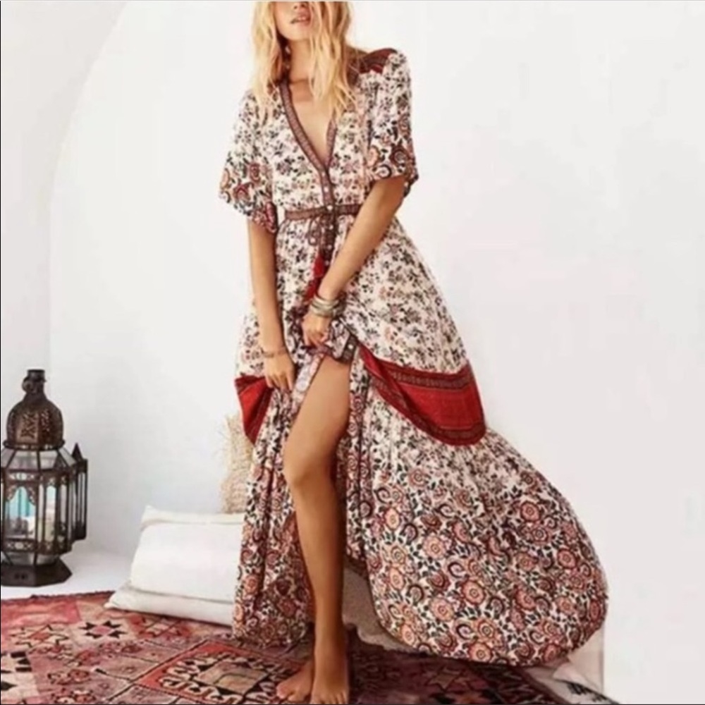 Boho Maxi Gown DRESS Rosewood Floral Elle Red NWOT